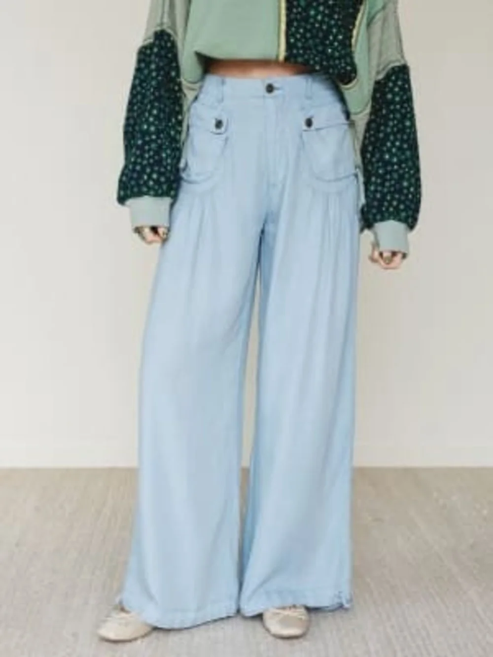 Three Bird Nest Light Blue Wide Leg Drawstring Hem Pants - Picture 2 of 4